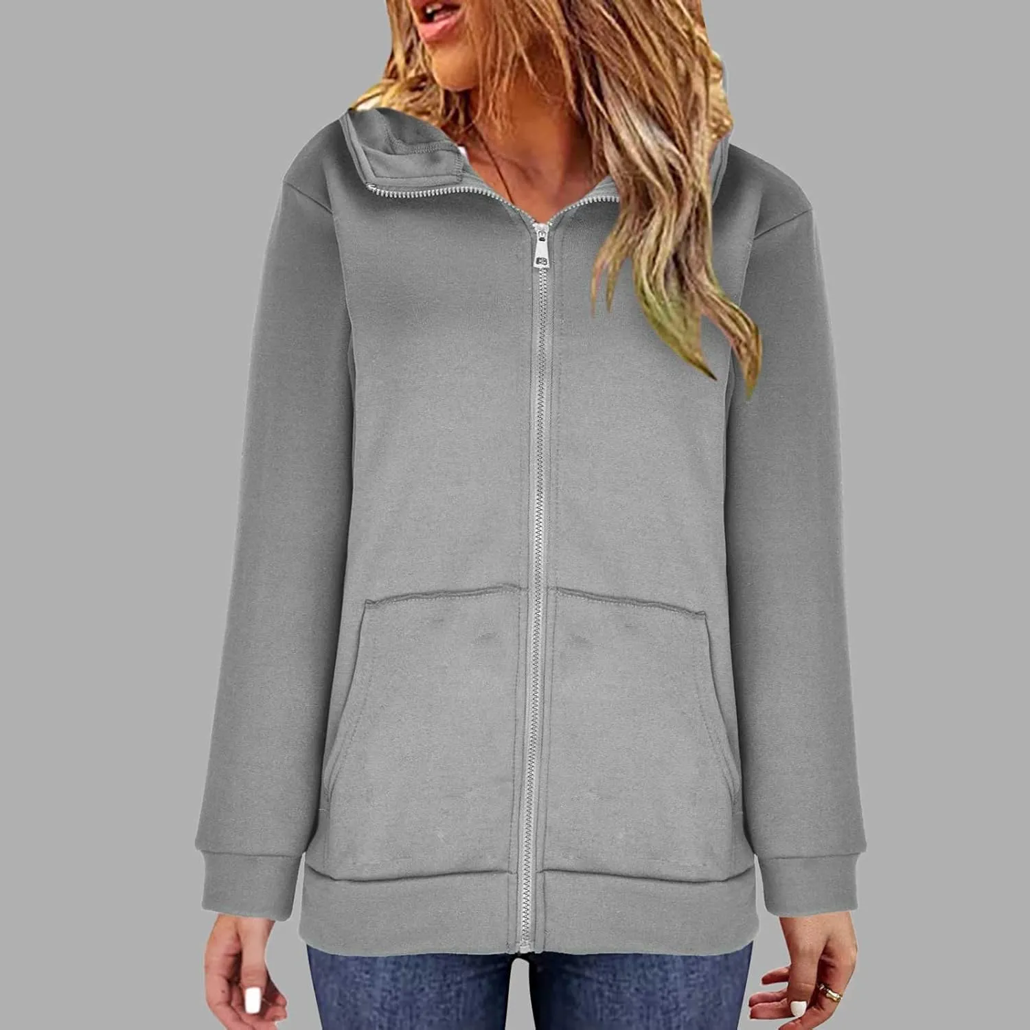 Women's Solid Color Hoodie Zip Up Hooded Sweatshirts Zipper Long Sleeve Tops Fall Coats Plus Size Jacket with Pockets