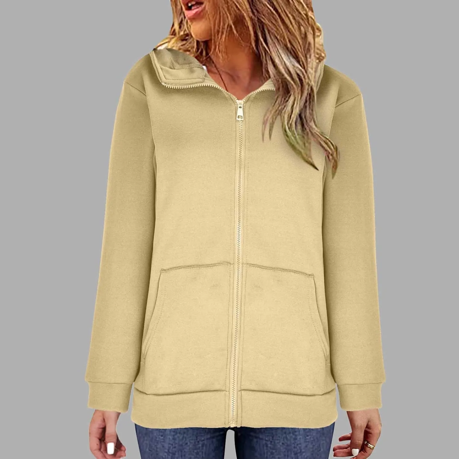 Women's Solid Color Hoodie Zip Up Hooded Sweatshirts Zipper Long Sleeve Tops Fall Coats Plus Size Jacket with Pockets