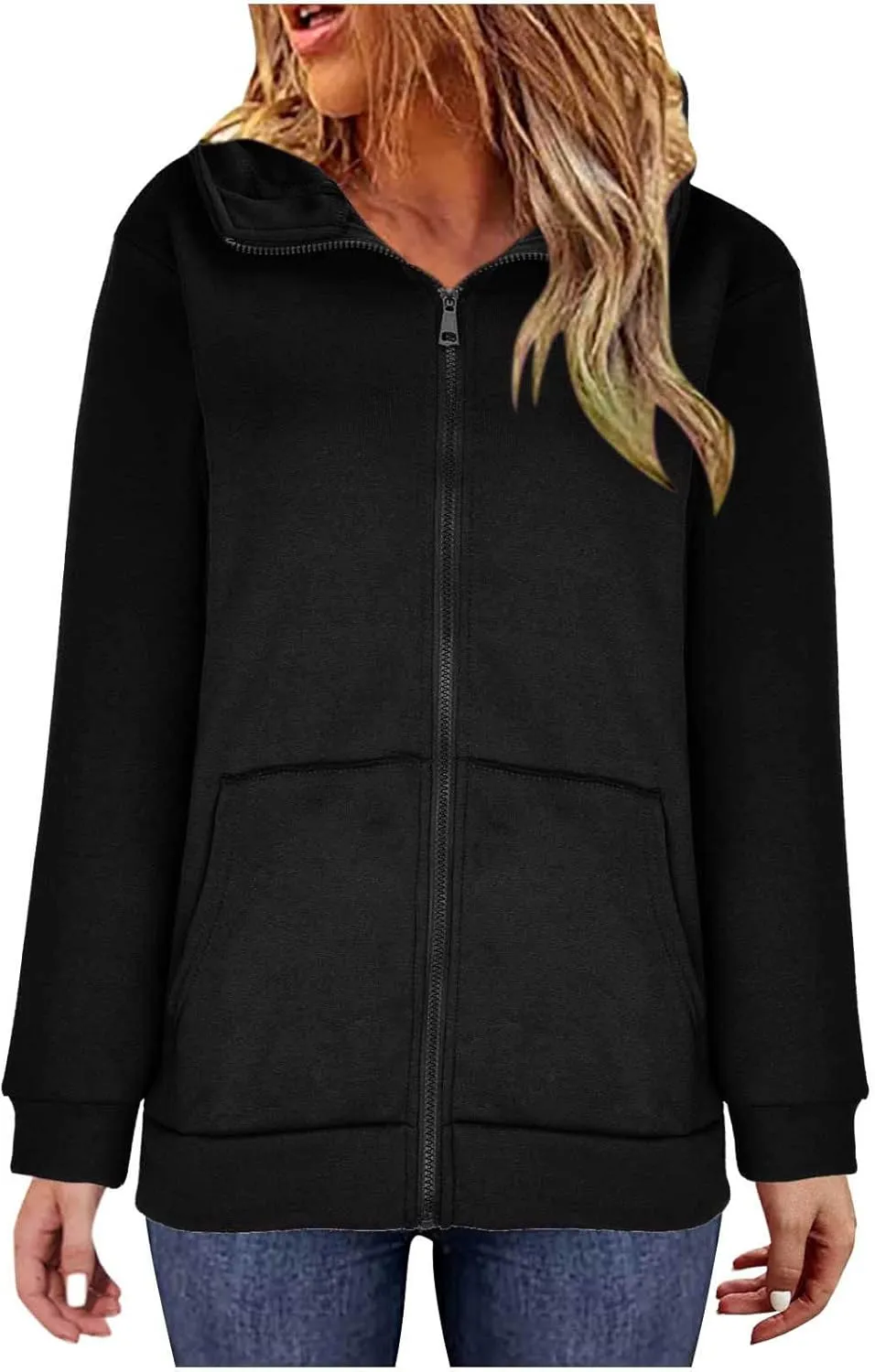 Women's Solid Color Hoodie Zip Up Hooded Sweatshirts Zipper Long Sleeve Tops Fall Coats Plus Size Jacket with Pockets