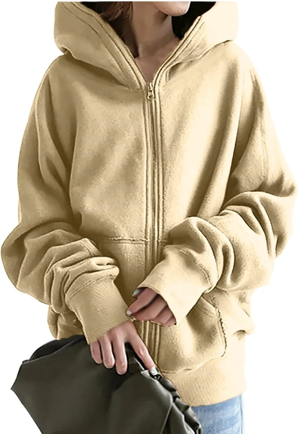 Women's Solid Color Hoodie Zip Up Hooded Sweatshirts Zipper Long Sleeve Tops Fall Coats Plus Size Jacket with Pockets