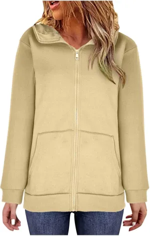 Women's Solid Color Hoodie Zip Up Hooded Sweatshirts Zipper Long Sleeve Tops Fall Coats Plus Size Jacket with Pockets