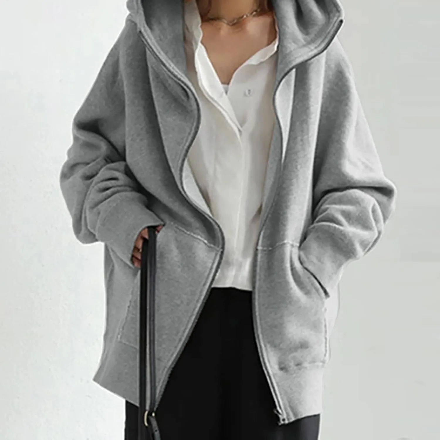 Women's Solid Color Hoodie Zip Up Hooded Sweatshirts Zipper Long Sleeve Tops Fall Coats Plus Size Jacket with Pockets