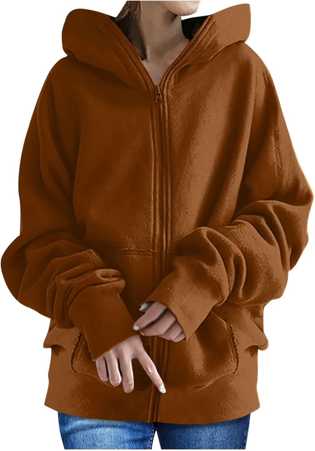 Women's Solid Color Hoodie Zip Up Hooded Sweatshirts Zipper Long Sleeve Tops Fall Coats Plus Size Jacket with Pockets