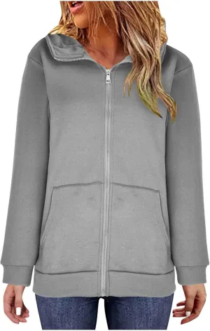 Women's Solid Color Hoodie Zip Up Hooded Sweatshirts Zipper Long Sleeve Tops Fall Coats Plus Size Jacket with Pockets