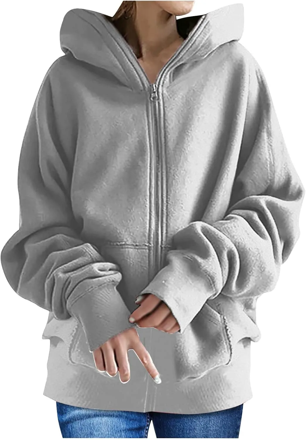 Women's Solid Color Hoodie Zip Up Hooded Sweatshirts Zipper Long Sleeve Tops Fall Coats Plus Size Jacket with Pockets