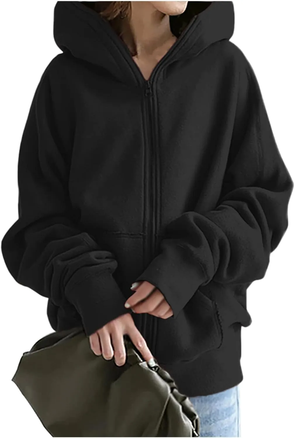 Women's Solid Color Hoodie Zip Up Hooded Sweatshirts Zipper Long Sleeve Tops Fall Coats Plus Size Jacket with Pockets