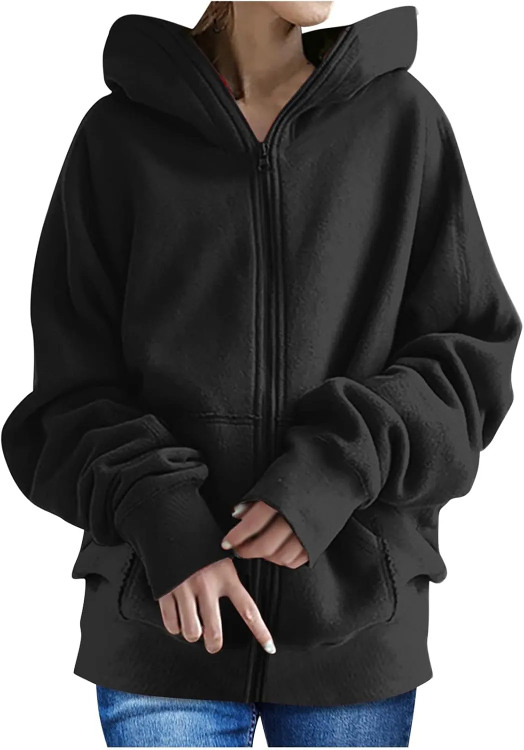Women's Solid Color Hoodie Zip Up Hooded Sweatshirts Zipper Long Sleeve Tops Fall Coats Plus Size Jacket with Pockets
