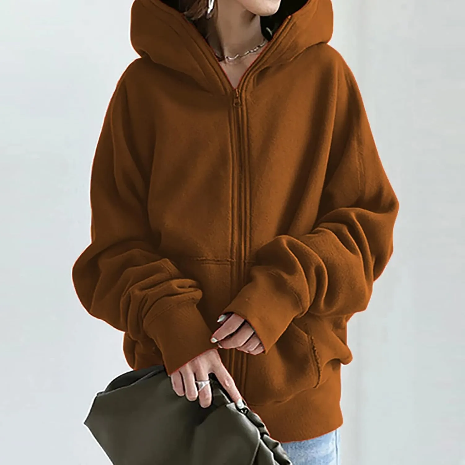 Women's Solid Color Hoodie Zip Up Hooded Sweatshirts Zipper Long Sleeve Tops Fall Coats Plus Size Jacket with Pockets