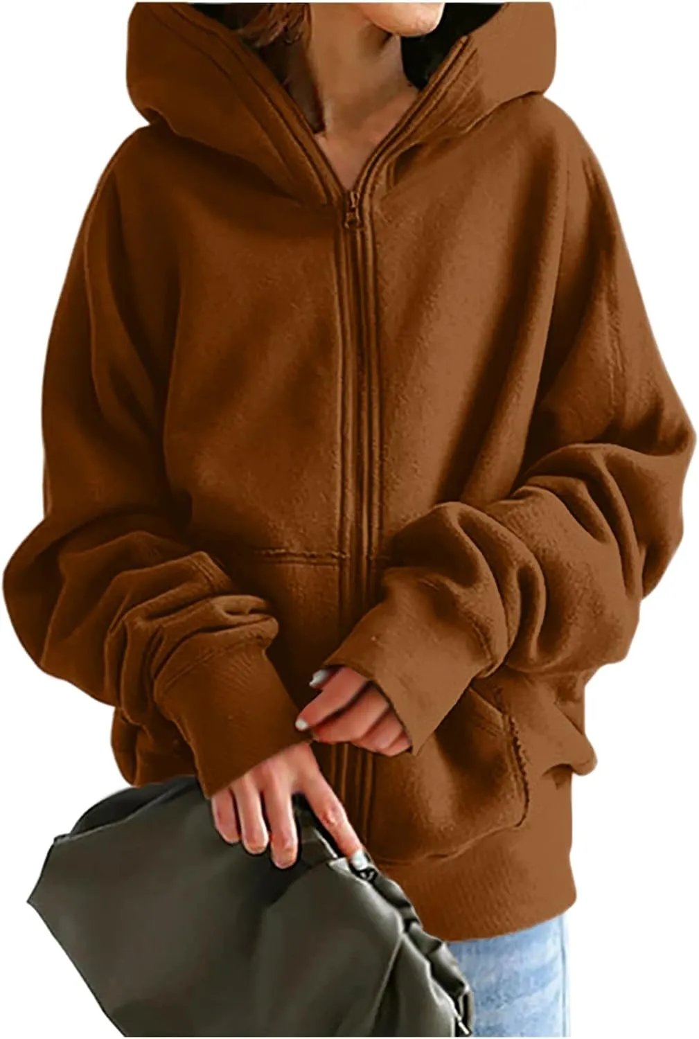 Women's Solid Color Hoodie Zip Up Hooded Sweatshirts Zipper Long Sleeve Tops Fall Coats Plus Size Jacket with Pockets