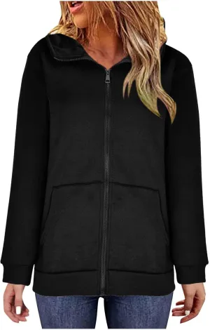 Women's Solid Color Hoodie Zip Up Hooded Sweatshirts Zipper Long Sleeve Tops Fall Coats Plus Size Jacket with Pockets