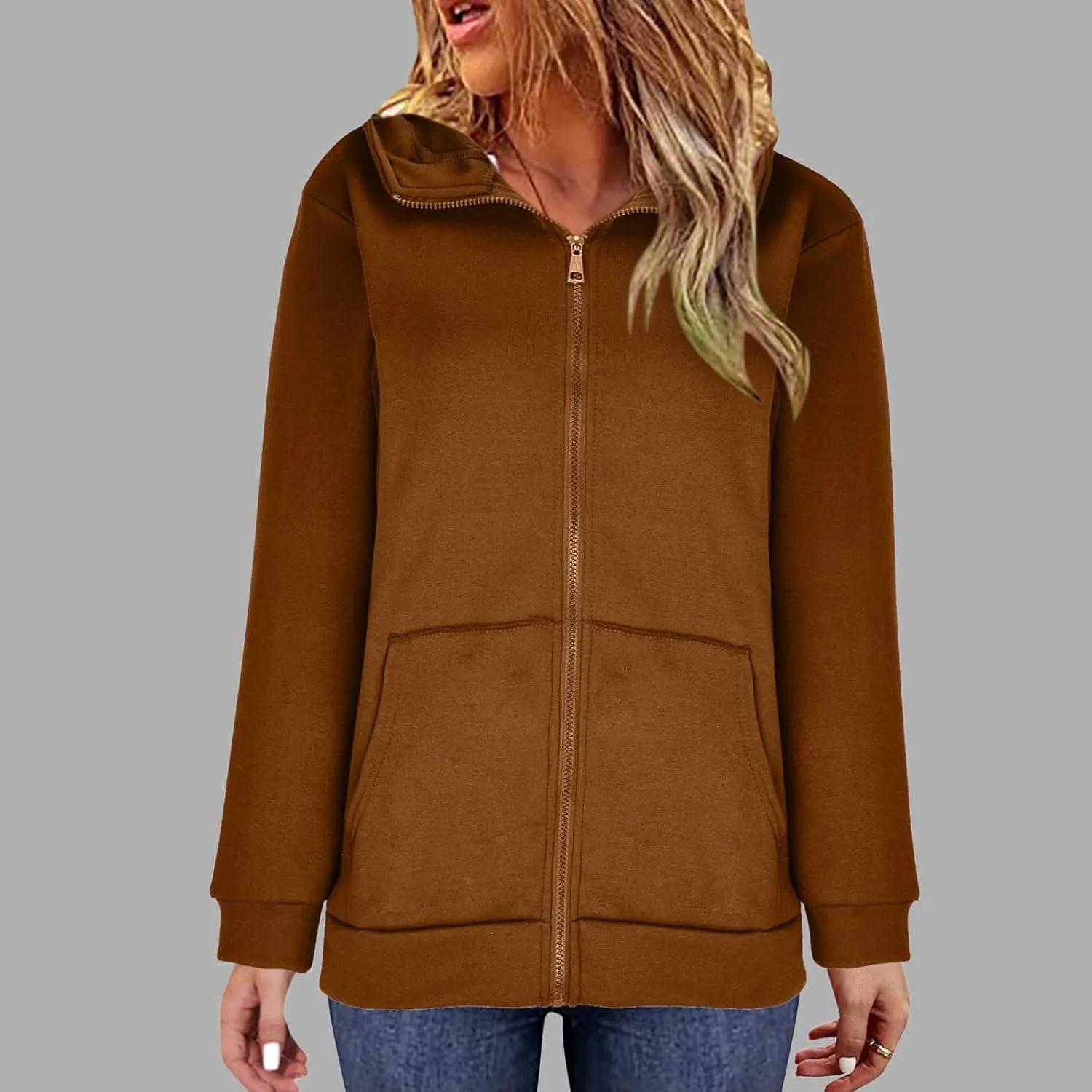 Women's Solid Color Hoodie Zip Up Hooded Sweatshirts Zipper Long Sleeve Tops Fall Coats Plus Size Jacket with Pockets