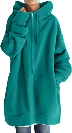 Women's Solid Color Hoodie Zip Up Long Sleeve Hooded Sweatshirts with Pockets Fall Winter Thin Long Coat Tops
