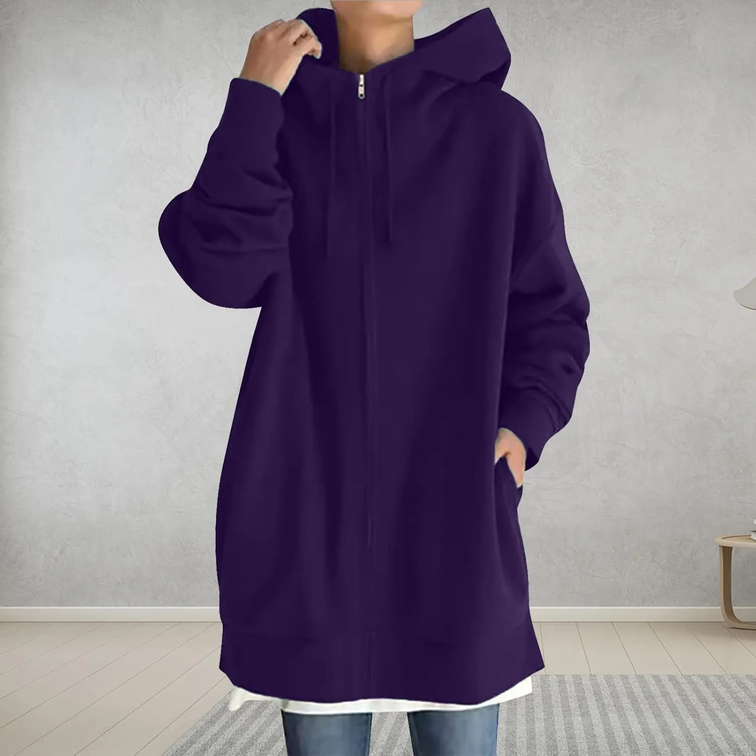Women's Solid Color Hoodie Zip Up Long Sleeve Hooded Sweatshirts with Pockets Fall Winter Thin Long Coat Tops