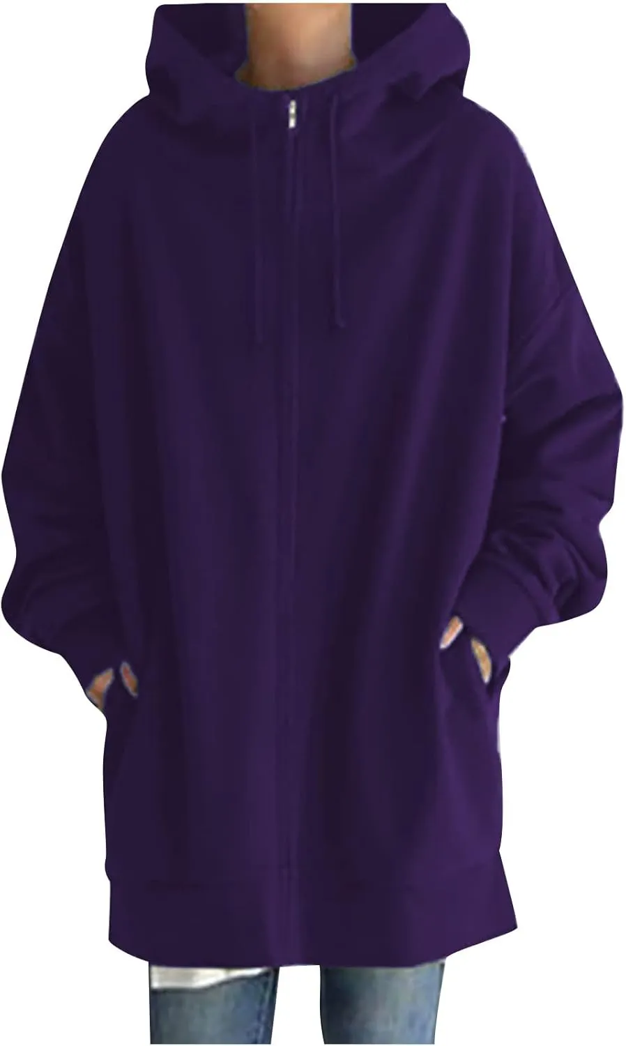 Women's Solid Color Hoodie Zip Up Long Sleeve Hooded Sweatshirts with Pockets Fall Winter Thin Long Coat Tops