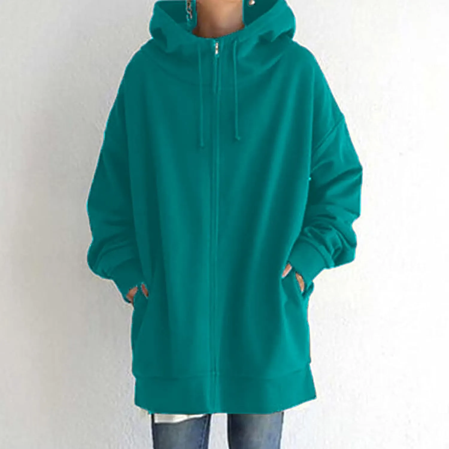 Women's Solid Color Hoodie Zip Up Long Sleeve Hooded Sweatshirts with Pockets Fall Winter Thin Long Coat Tops