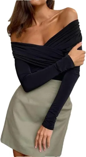 Women's Solid Color Slim Fit V-Neck Women's Strapless Long Sleeved T-Shirt Women's Black Slim Fit T-Shirt
