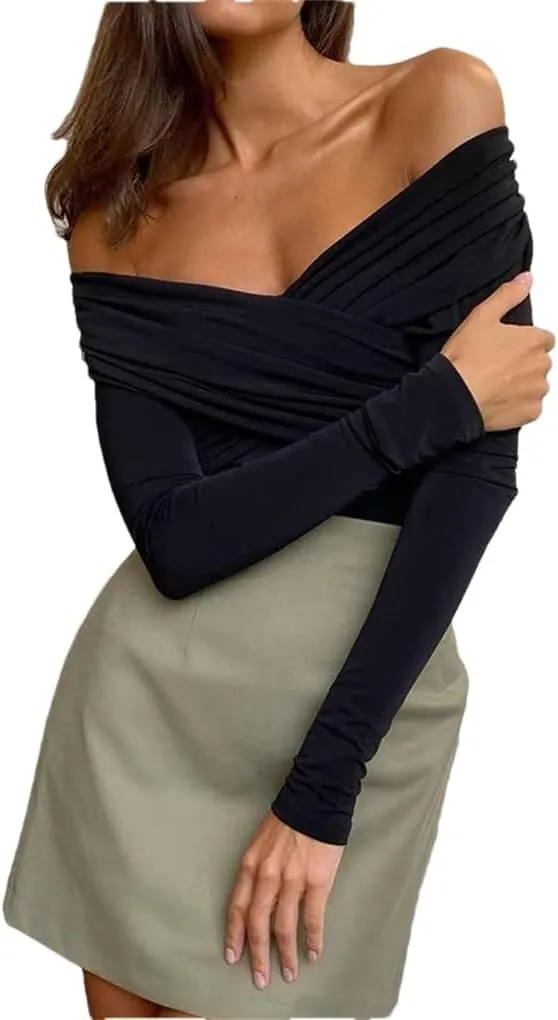 Women's Solid Color Slim Fit V-Neck Women's Strapless Long Sleeved T-Shirt Women's Black Slim Fit T-Shirt