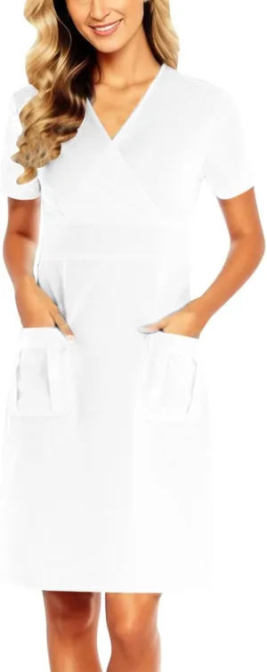 Womens Solid Color Work Dress with Pocket Short Sleeve V Neck Midi Shirt Dress Spring Church Work Skirt