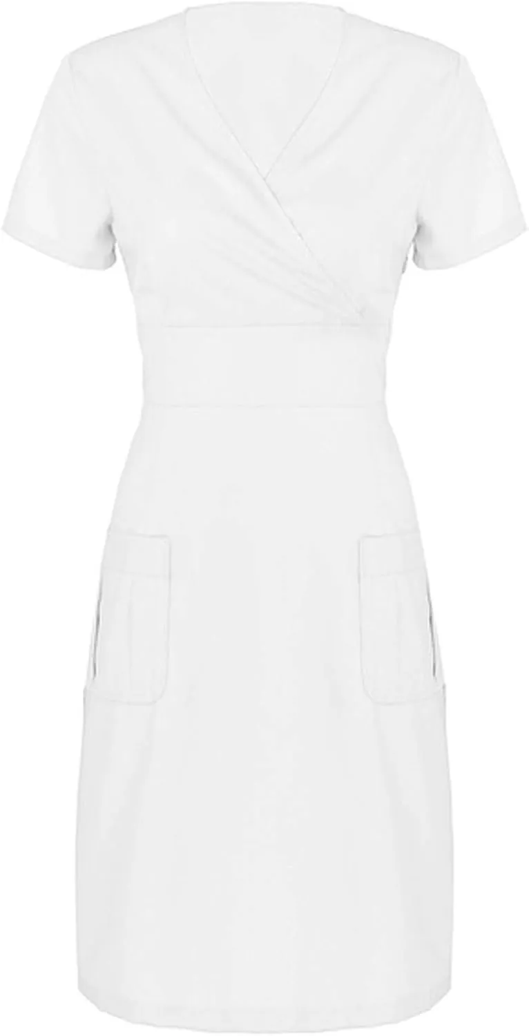 Womens Solid Color Work Dress with Pocket Short Sleeve V Neck Midi Shirt Dress Spring Church Work Skirt