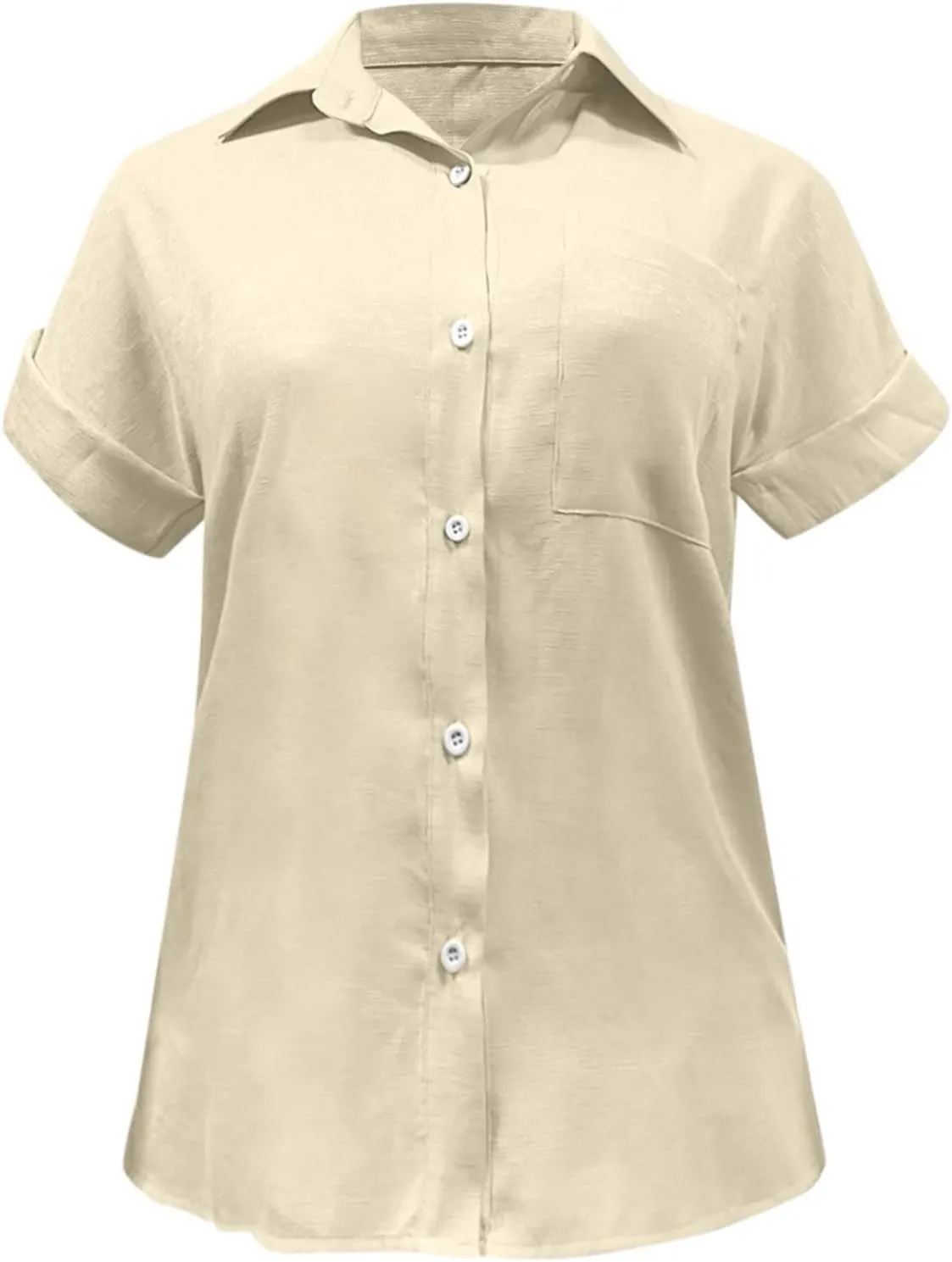 Womens Spring Linen Shirts Travel Going Out Short Sleeve Tops V Neck Gauze Button Vacation Loose Solid Tunic Blouses