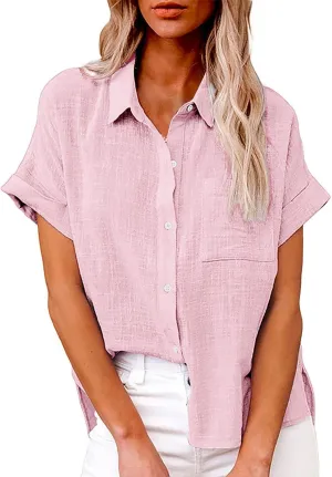 Womens Spring Linen Shirts Travel Going Out Short Sleeve Tops V Neck Gauze Button Vacation Loose Solid Tunic Blouses