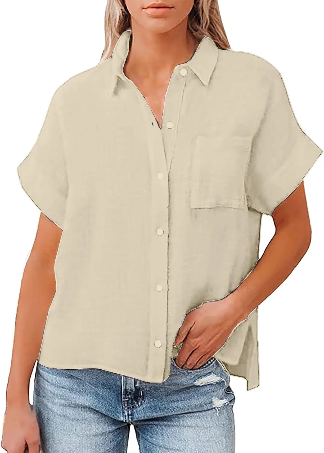 Womens Spring Linen Shirts Travel Going Out Short Sleeve Tops V Neck Gauze Button Vacation Loose Solid Tunic Blouses