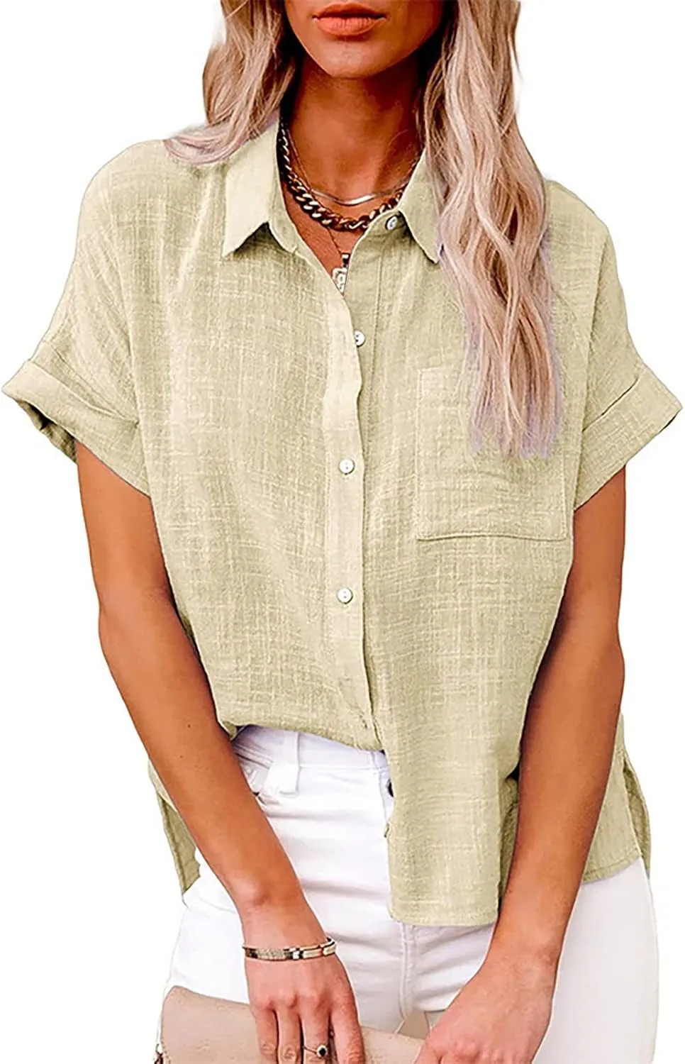 Womens Spring Linen Shirts Travel Going Out Short Sleeve Tops V Neck Gauze Button Vacation Loose Solid Tunic Blouses