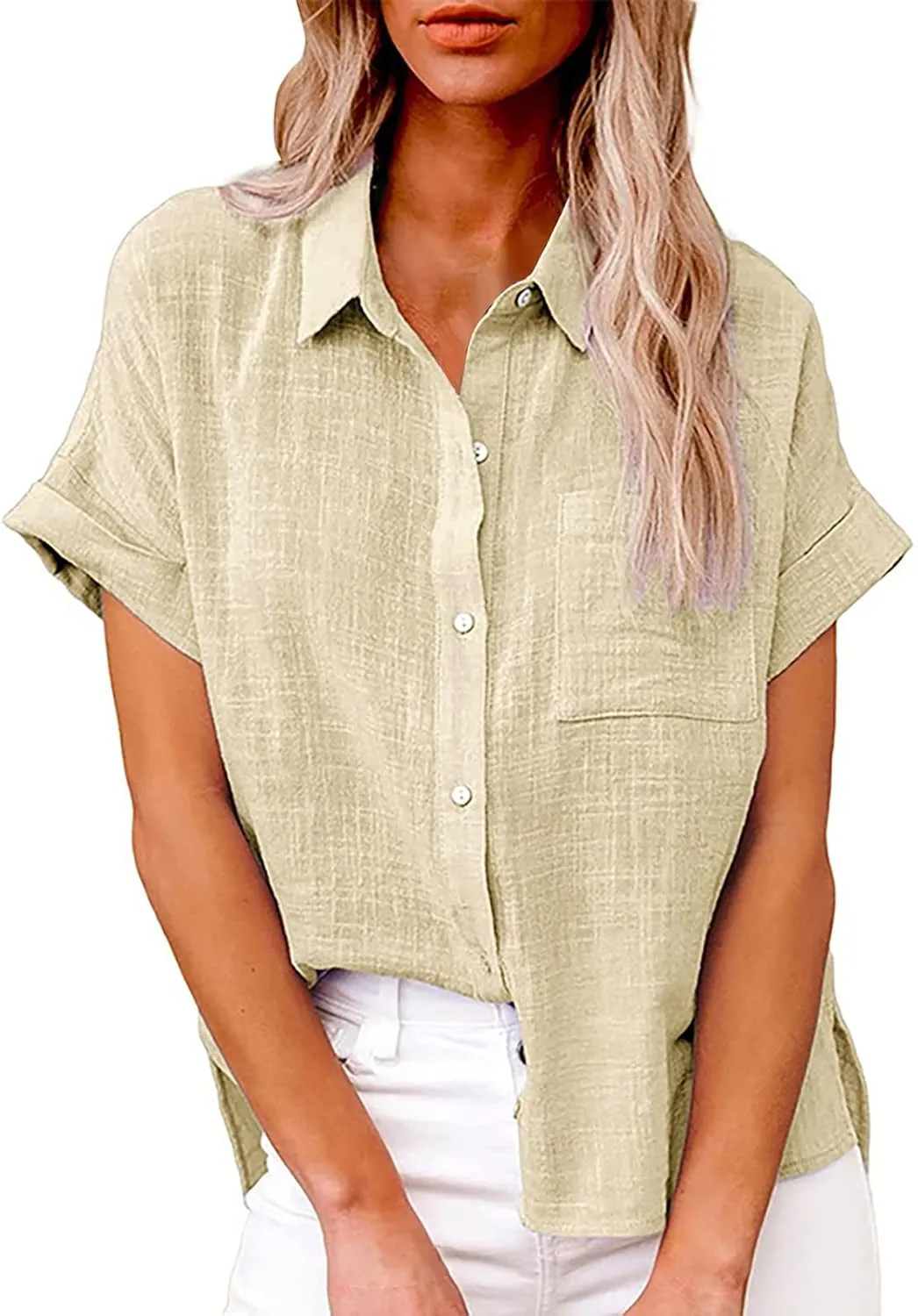 Womens Spring Linen Shirts Travel Going Out Short Sleeve Tops V Neck Gauze Button Vacation Loose Solid Tunic Blouses