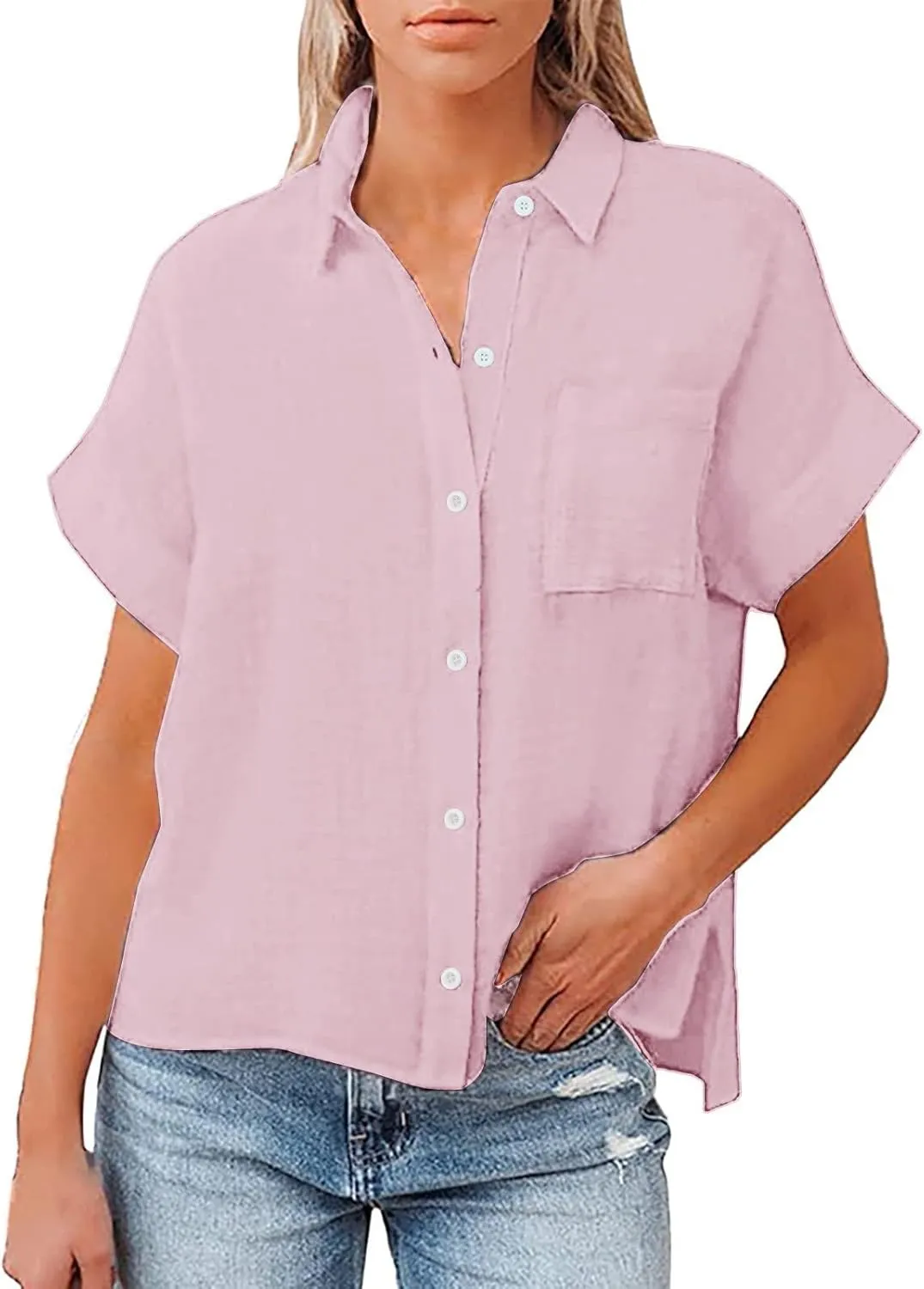 Womens Spring Linen Shirts Travel Going Out Short Sleeve Tops V Neck Gauze Button Vacation Loose Solid Tunic Blouses