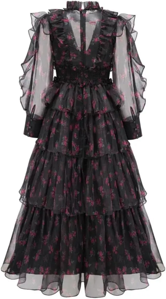 Women's Stand Collar Floral Mesh Dress Slim Fit Zipper Floral Long Sleeve Dress