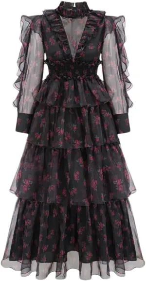 Women's Stand Collar Floral Mesh Dress Slim Fit Zipper Floral Long Sleeve Dress