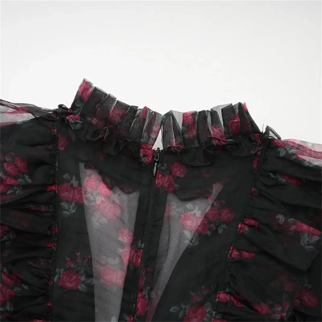 Women's Stand Collar Floral Mesh Dress Slim Fit Zipper Floral Long Sleeve Dress