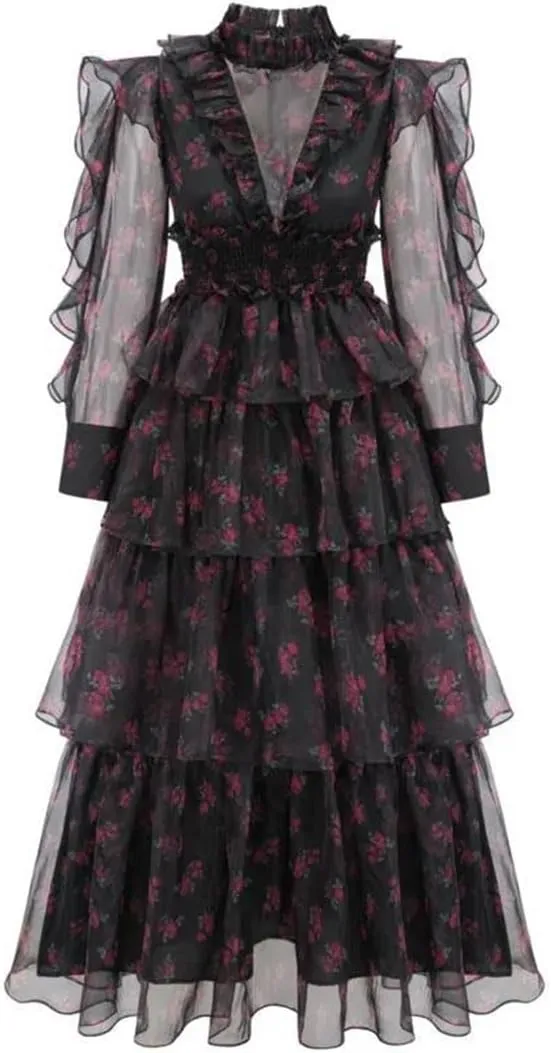 Women's Stand Collar Floral Mesh Dress Slim Fit Zipper Floral Long Sleeve Dress