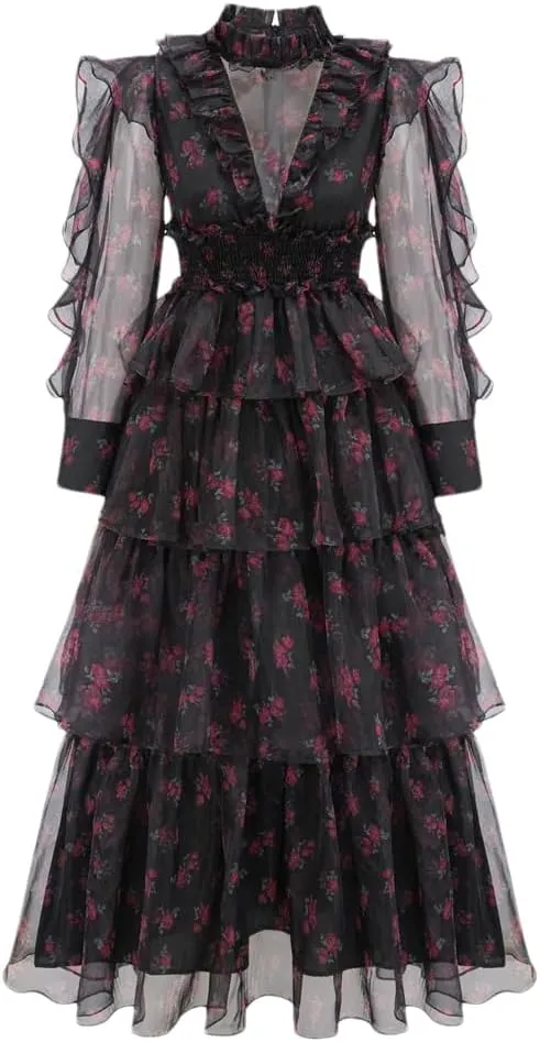 Women's Stand Collar Floral Mesh Dress Slim Fit Zipper Floral Long Sleeve Dress