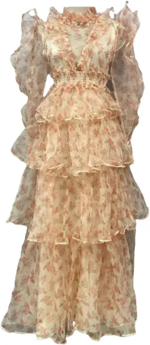 Women's Stand Collar Floral Mesh Dress Slim Fit Zipper Floral Long Sleeve Dress