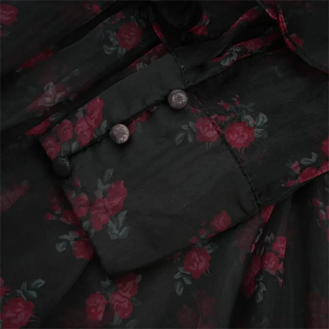 Women's Stand Collar Floral Mesh Dress Slim Fit Zipper Floral Long Sleeve Dress