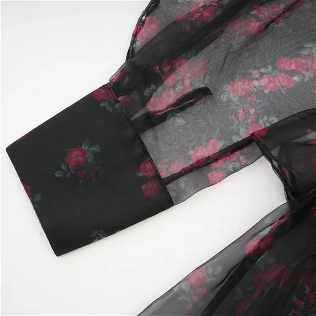 Women's Stand Collar Floral Mesh Dress Slim Fit Zipper Floral Long Sleeve Dress