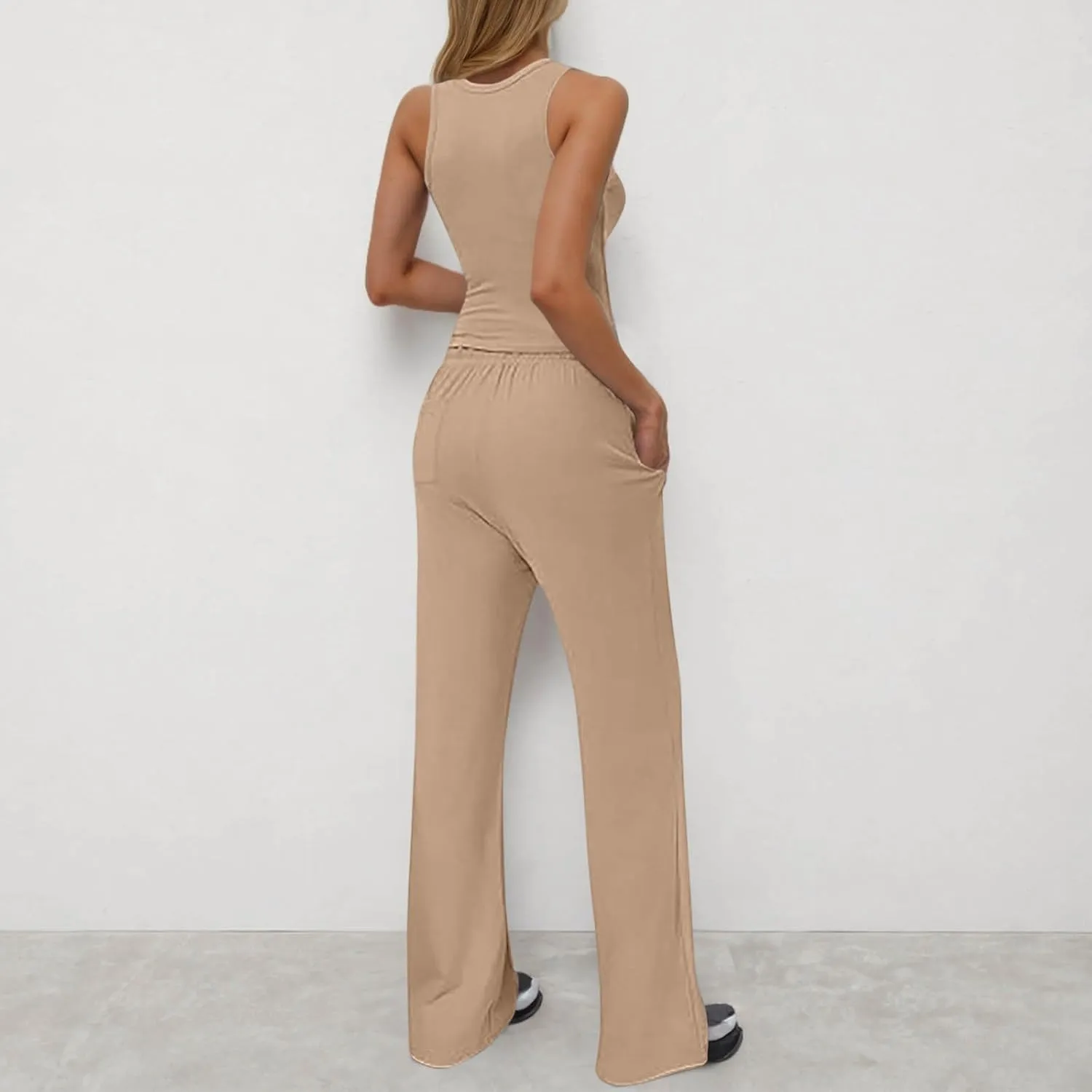 Women's Summer 2 Piece Outfits Sleeveless Crop Tank Top and Wide Leg Pants Beach Travel Vacation Tracksuit Lounge Sets