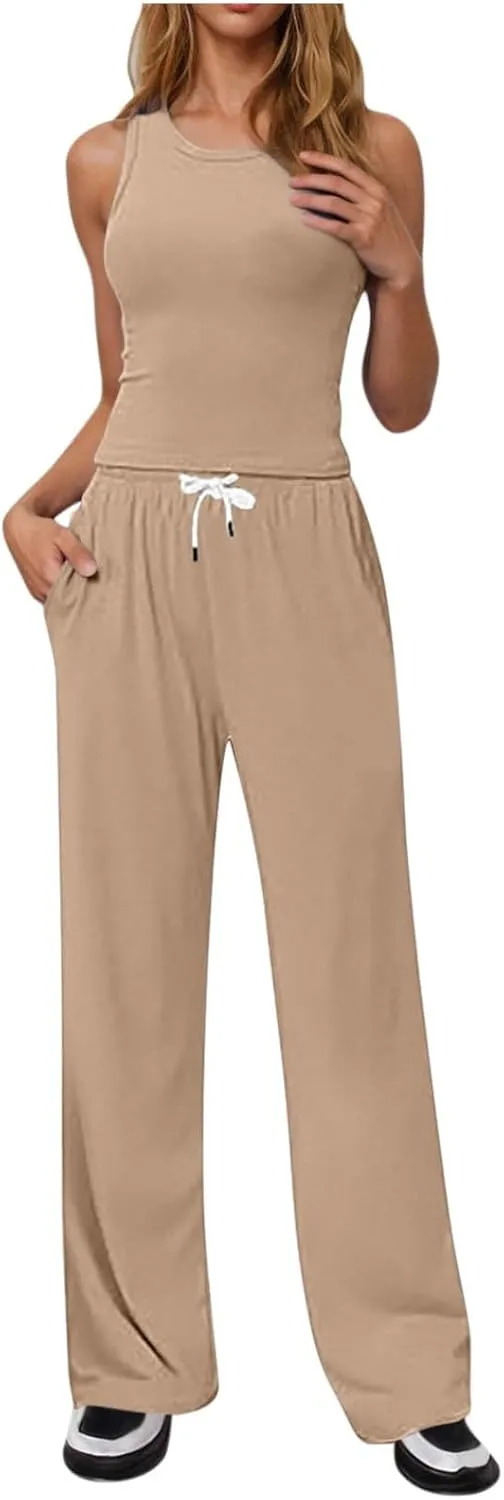 Women's Summer 2 Piece Outfits Sleeveless Crop Tank Top and Wide Leg Pants Beach Travel Vacation Tracksuit Lounge Sets