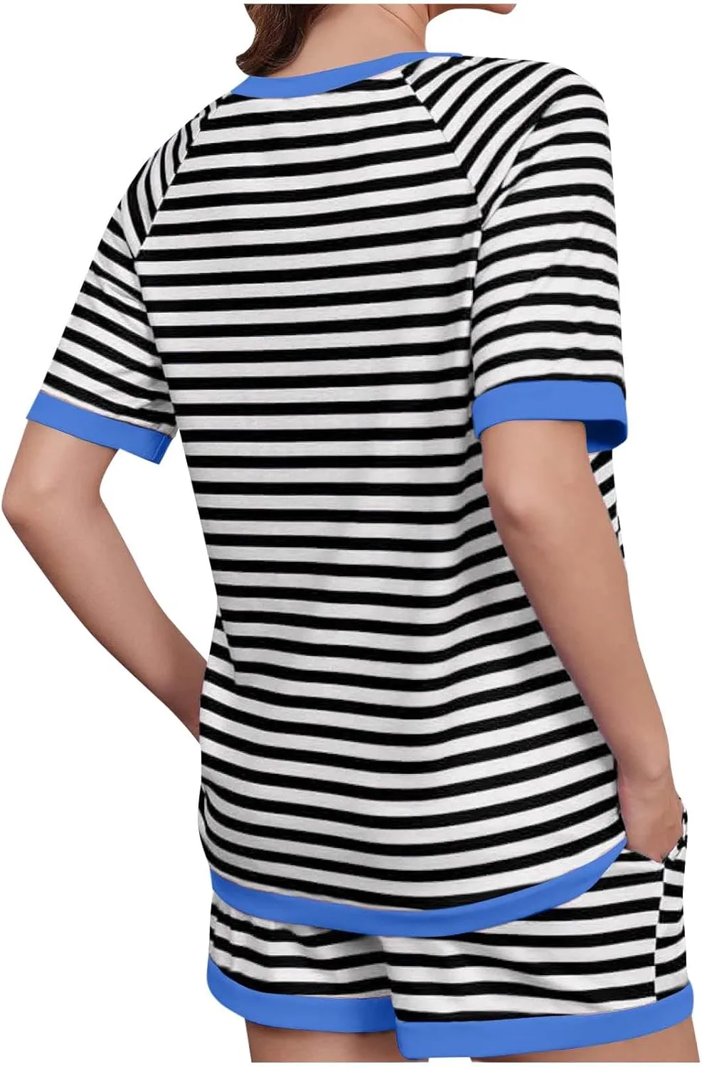 Womens Summer 2 Piece Sets Striped Short Sleeve T Shirts and Shorts Loungewear Matching Set With Pockets Tracksuit