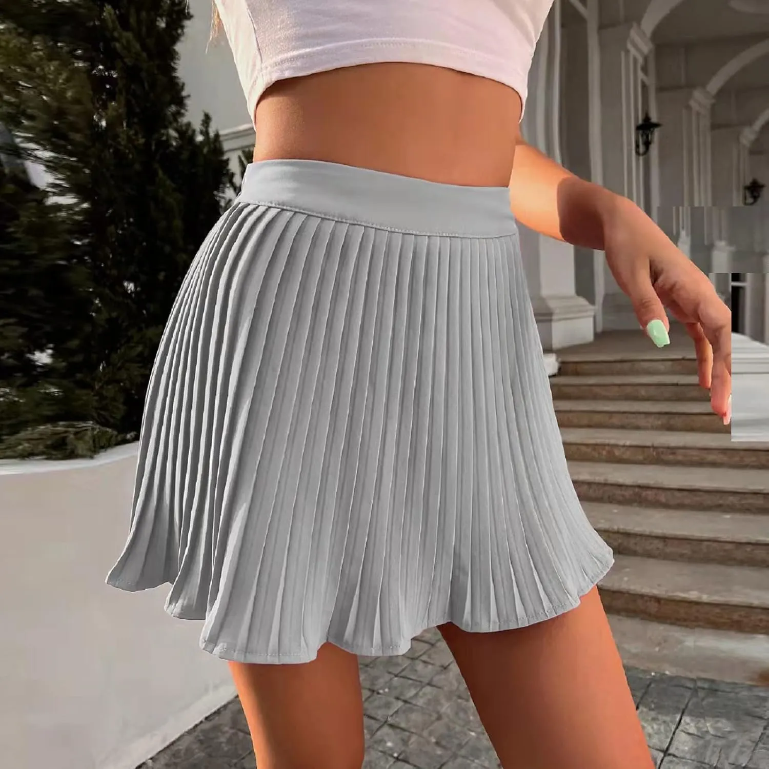 Women's Summer A Line Beach Cute skirts for women trendy Empire Waist Boho Ruffle Tiered Pleated Mini Skirt Solid Color