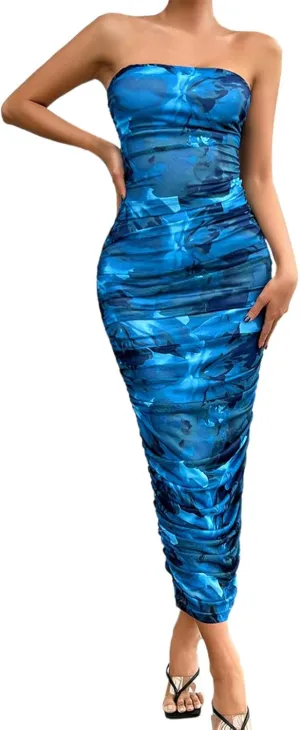 Women's Summer Bodycon Dresses Strapless Tube Top Printed Long Club Slit Dress Silk Dresses for