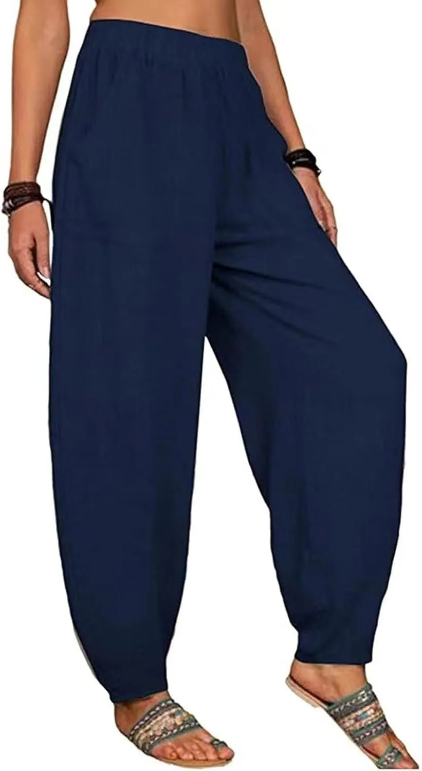 Womens Summer Boho Business Casual Smocked High Waisted Cargo Summer Long Elephant Pants with Pockets Fashion 2025