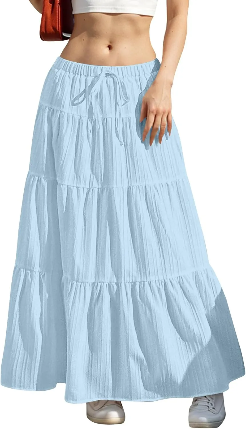 Women's Summer Boho Flowy Maxi Skirts Trendy 2025 Elastic Waist A-Line Swing Tiered Ruffle Summer Long Beach Outfits