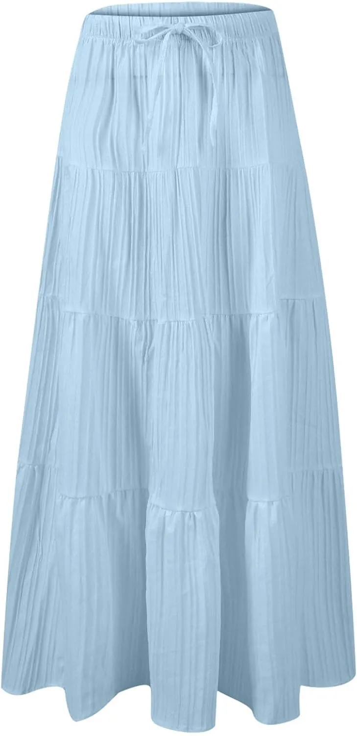 Women's Summer Boho Flowy Maxi Skirts Trendy 2025 Elastic Waist A-Line Swing Tiered Ruffle Summer Long Beach Outfits
