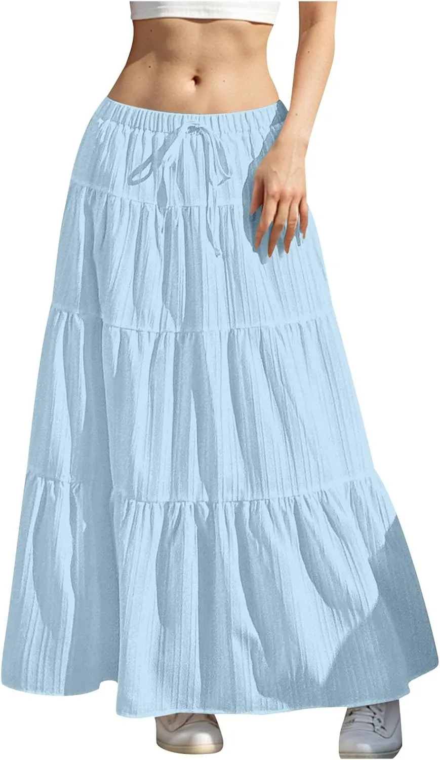 Women's Summer Boho Flowy Maxi Skirts Trendy 2025 Elastic Waist A-Line Swing Tiered Ruffle Summer Long Beach Outfits