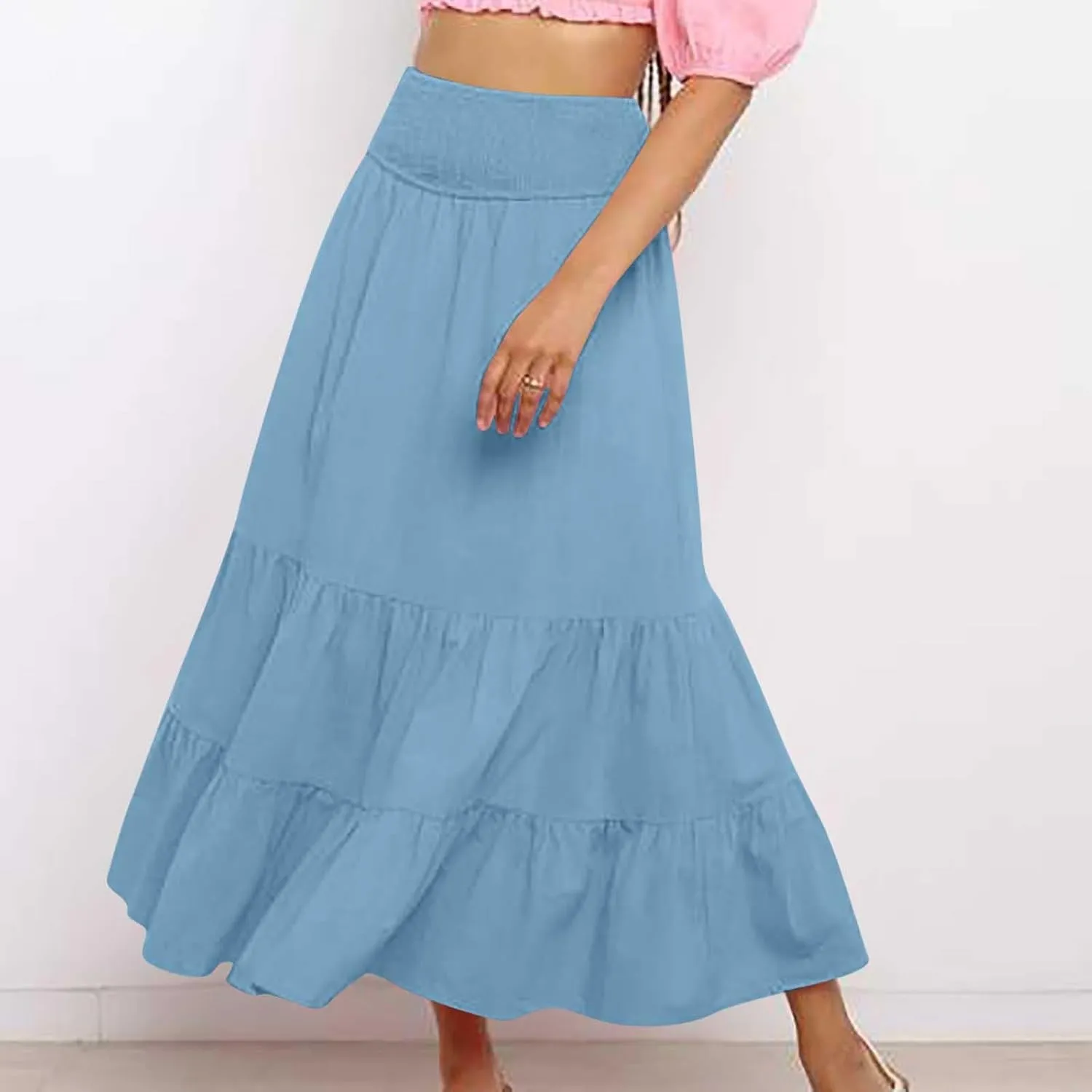 Women's Summer Comfy Tiered Skirts Elastic High Waisted A-Line Skirts Casual Beach Vacation Flowy Long Skirts