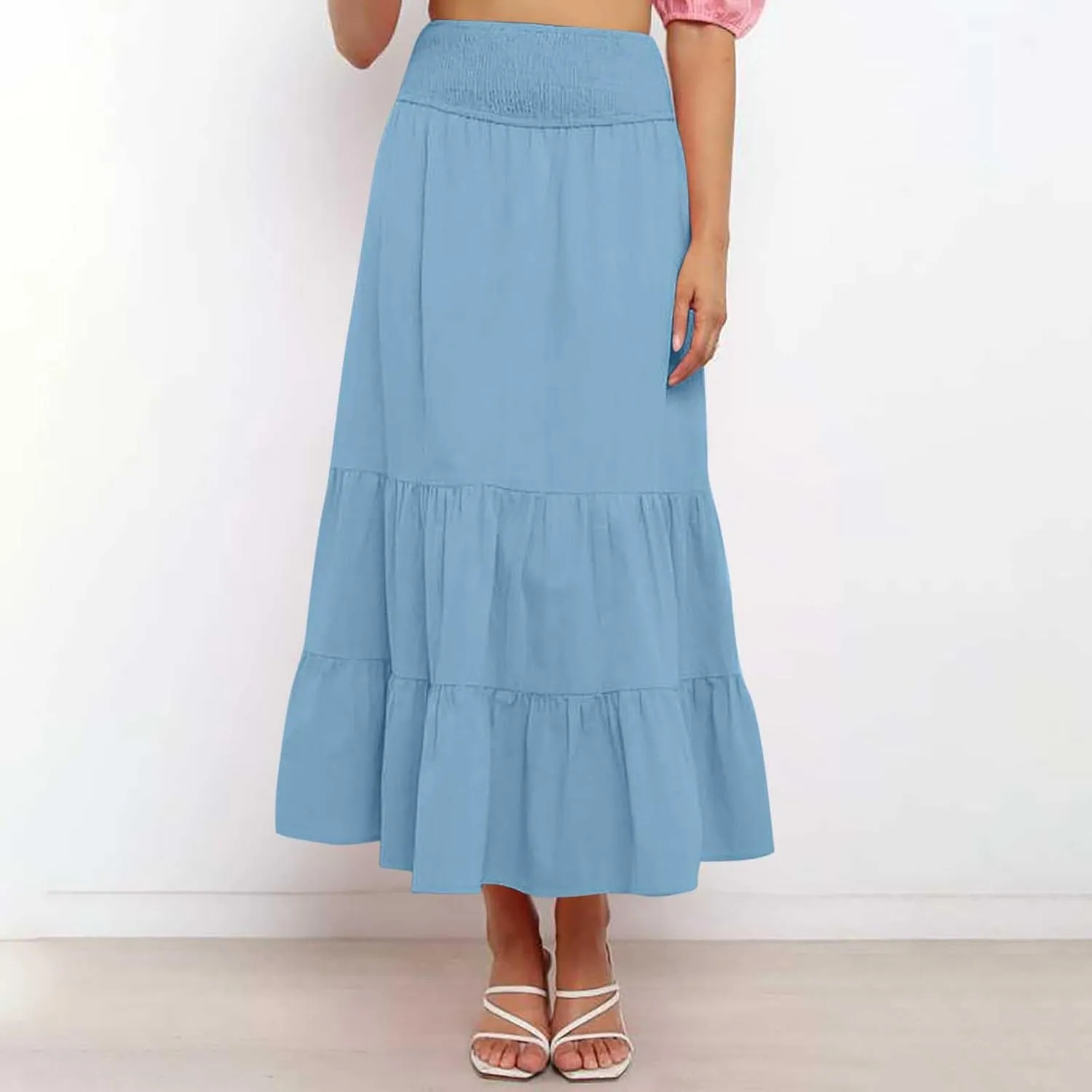 Women's Summer Comfy Tiered Skirts Elastic High Waisted A-Line Skirts Casual Beach Vacation Flowy Long Skirts