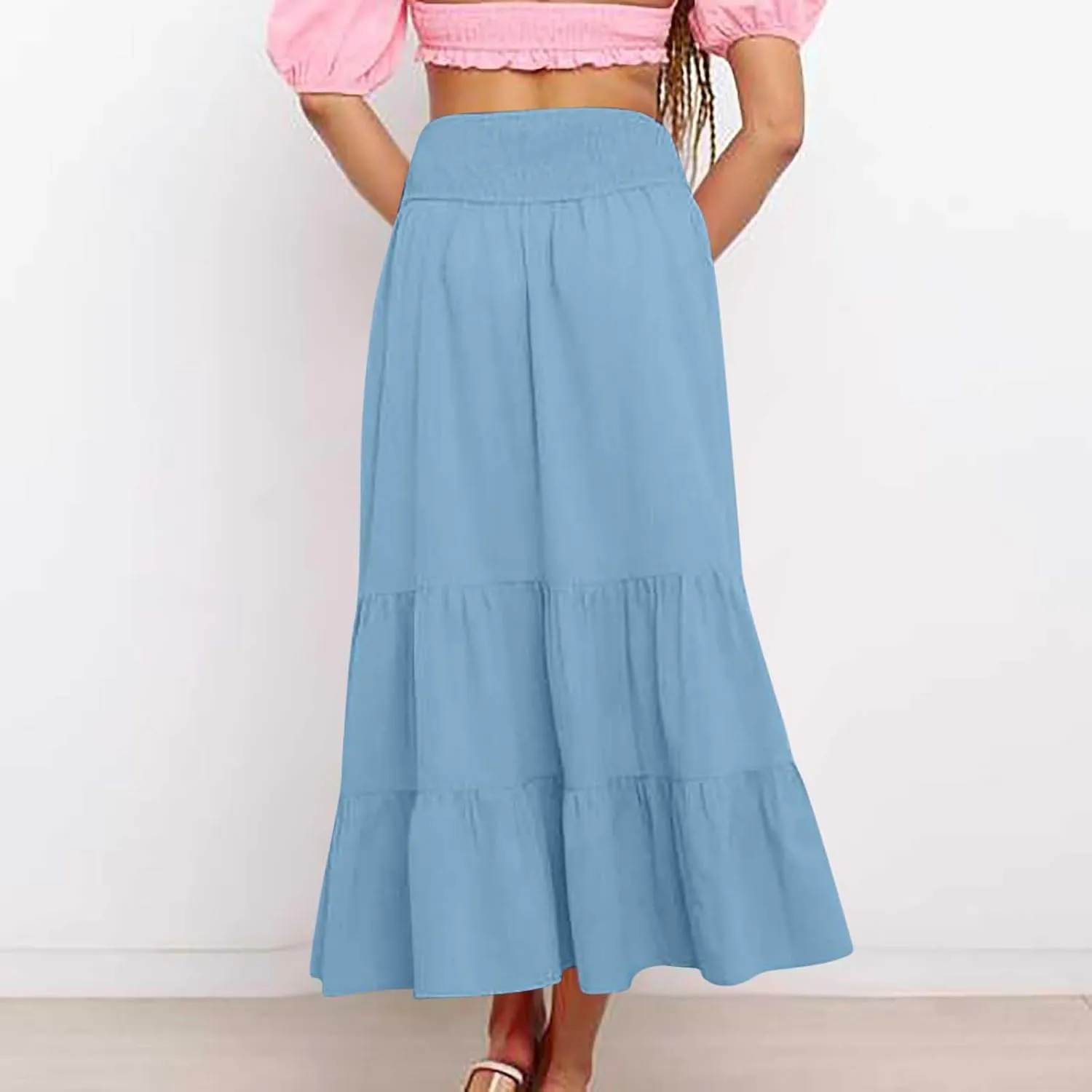 Women's Summer Comfy Tiered Skirts Elastic High Waisted A-Line Skirts Casual Beach Vacation Flowy Long Skirts