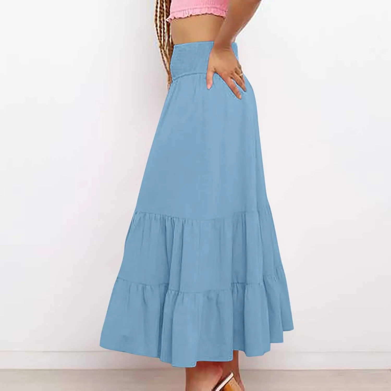 Women's Summer Comfy Tiered Skirts Elastic High Waisted A-Line Skirts Casual Beach Vacation Flowy Long Skirts